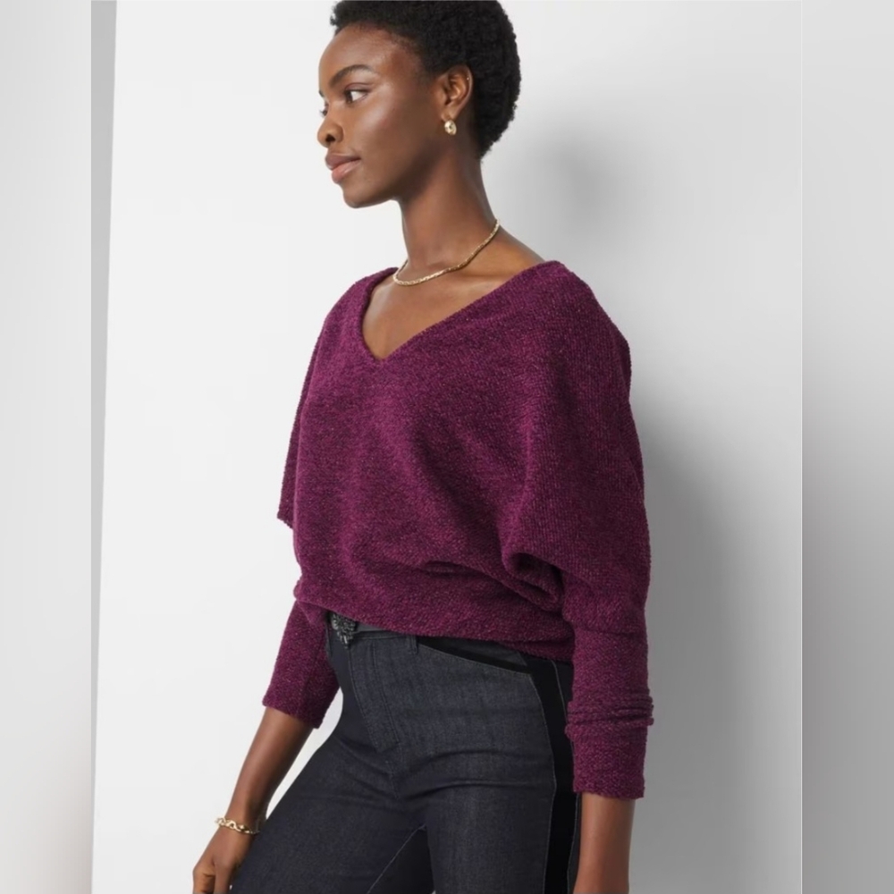 White House Black Market V-Neck Chenille Pullover Sweater, Plum Noir/Gold